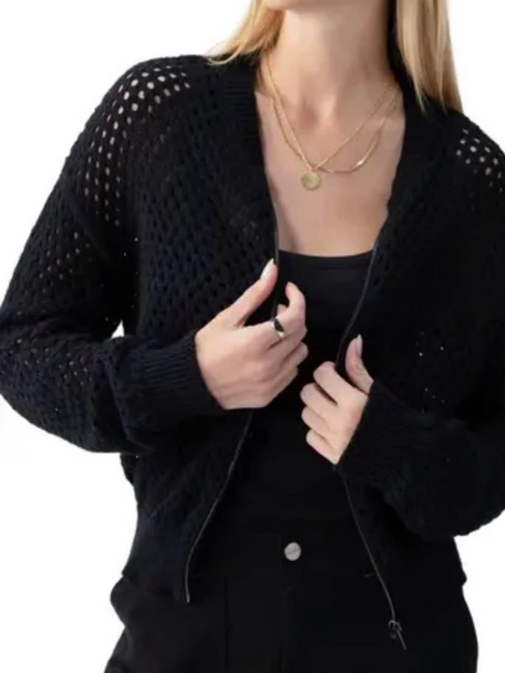 Dynamite Black Open-Knit Bomber Jacket